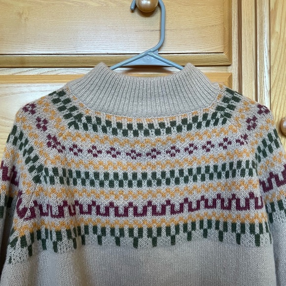 NWOT Tan Mock Turtleneck Sweater with Red, Yellow, Green Tribal Pattern - Picture 2 of 3